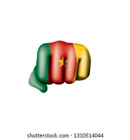 Cameroon flag and hand on white background. Vector illustration