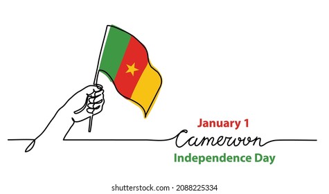 Cameroon flag in the hand. One line art drawing background, banner, poster. Cameroon Independence Day vector background.