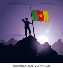 Bandera de Camerún izada en la cima de una montaña con una puesta de sol púrpura al fondo, Ilustración vectorial