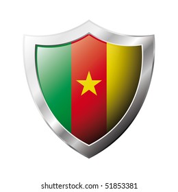 Cameroon flag on metal shiny shield vector illustration. Collection of flags on shield against white background. Abstract isolated object.
