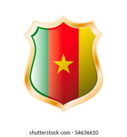 Cameroon flag on metal shiny shield vector illustration. Collection of flags on shield against white background. Abstract isolated object.