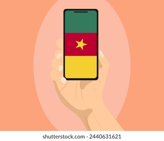 Cameroon flag on mobile phone screen, holding smartphone, advertising social media or banner concept, Cameroon flag showing on phone screen, technology news idea