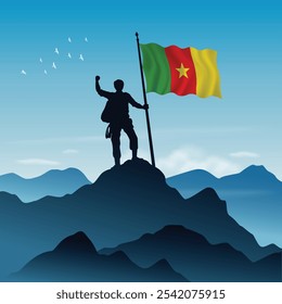 Cameroon Flag raised on a mountain peak with clear sky in the background, vector illustration