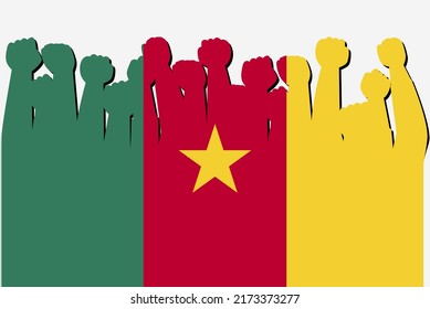 Cameroon flag with raised protest hands vector, country flag logo, Cameroon protesting concept, flat design, against idea