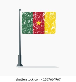 Cameroon flag with scratches, vector flag of Cameroon on flagpole with shadow.