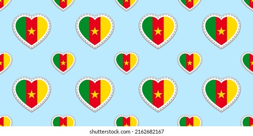 Cameroon flag seamless pattern. Cameroonian vector stickers. Love hearts symbols background. Good choice for sports pages, travel, geographic, elements. patriotic wallpaper