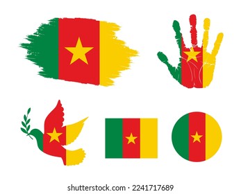 Cameroon flag set, flag of Cameroon collection. Flag in grunge, Dove, Handprint, square and round shape. vector illustration