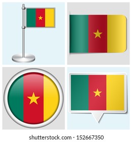 Cameroon flag - set of various sticker, button, label and flagstaff