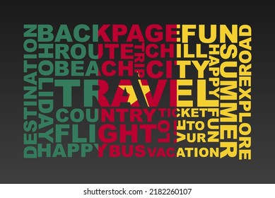 Cameroon flag shape of travel keywords, travel concept, abroad vacation idea, simple flat design, Cameroon flag mask on holiday words, tourism banner