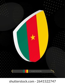 Cameroon Flag Shield icon in 3D on Dark Modern Abstract Rugby Background. Perfect for sports events, heritage themes, national celebrations, and patriotic designs.