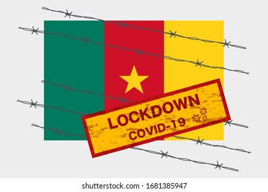 Bandera de Camerún con seguridad de advertencia de bloqueo de carteles debido a la crisis del coronavirus covid-19 diseño de la enfermedad con el vector de aislamiento con cable de la corteza