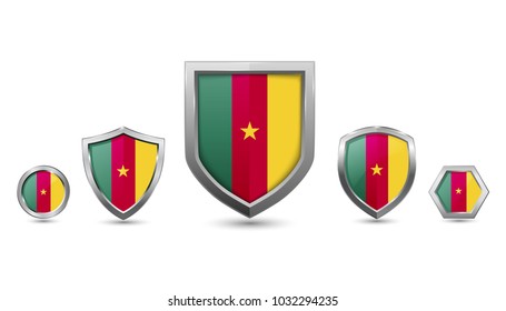 Cameroon flag - silver badges with different 3 shape shield, circle and hexagon - stock vector illustration