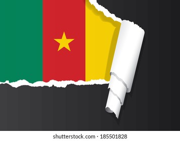 Cameroon flag under ripped paper vector illustration.