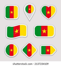 Cameroon flag vector set. Cameroonian stickers collection. Isolated geometric icons. Country national symbols badges. Web, sport page, patriotic, travel design elements. Different shapes