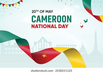 Cameroon Flag Waving On Skyline Background. National Day Concept Design Vector Illustration.