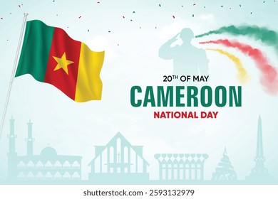 Cameroon Flag Waving On Skyline Background. National Day Concept Design Vector Illustration.