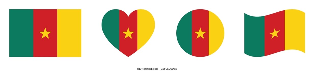 Cameroon flags set in square, heart, circle and waving formats designs element. Cameroon flags collection. Set of Cameroon flags icons isolated on white background. Vector illustration.
