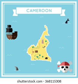Cameroon flat treasure map. Colorful cartoon treasure map of Cameroon with flat icons of pirate ship, jolly roger, treasure chest and banner ribbon. Flat design vector illustration.