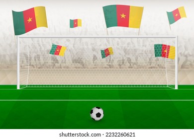Cameroon football team fans with flags of Cameroon cheering on stadium, penalty kick concept in a soccer match. Sports vector illustration.