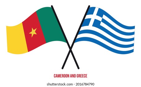 Cameroon and Greece Flags Crossed And Waving Flat Style. Official Proportion. Correct Colors.