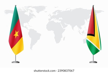 Banderas de Camerún y Guyana para una reunión oficial en el fondo del mapa mundial.