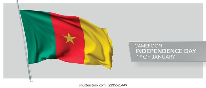 Cameroon happy independence day greeting card, banner vector illustration. Cameroonian national holiday 1st of January design element with 3D flag