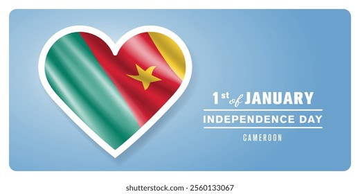 Cameroon happy independence day greeting card, banner vector illustration. Cameroonian national holiday 1st of January design element with 3D flag