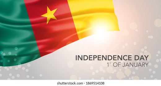 Cameroon happy independence day vector banner, greeting card. Cameroonian realistic wavy flag in 1st of January national patriotic holiday horizontal design