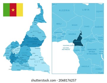 Camerún - mapa azul altamente detallado. Ilustración del vector