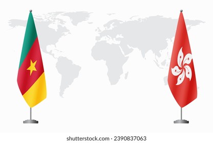 Cameroon and Hong Kong flags for official meeting against background of world map.