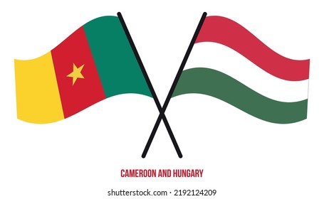Banderas de Camerún y Hungría cruzadas y ondeando estilo plano. Proporción oficial. Colores correctos.