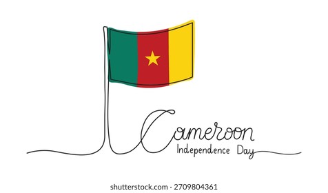 Bandera de arte de una línea del día de la independencia de Camerún y letras dibujadas a mano. Ilustración vectorial de escritura. Tarjeta, cartel, Anuncio.