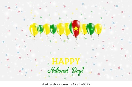 Cameroon Independence Day Sparkling Patriotic Poster. Row of Balloons in Colors of the Cameroonian Flag. Greeting Card with National Flags, Confetti and Stars.