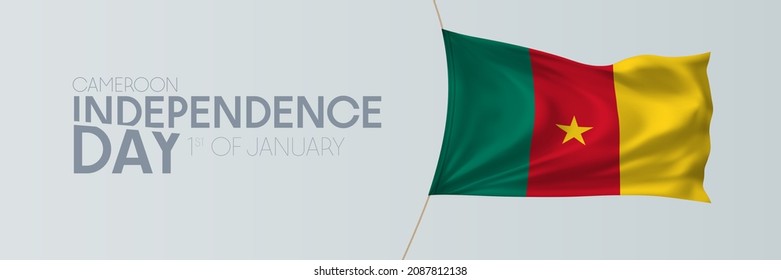 Cameroon independence day vector banner, greeting card. Cameroonian wavy flag in 1st of January national patriotic holiday horizontal design