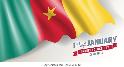 Cameroon independence day vector banner, greeting card. Cameroonian wavy flag in 1st of January national patriotic holiday horizontal design