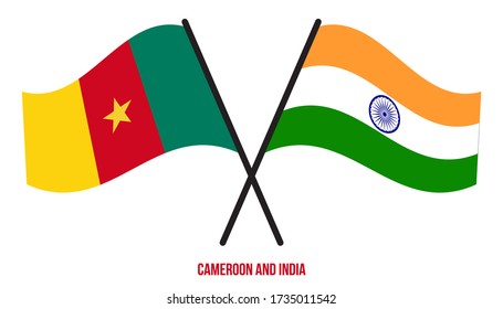 Cameroon and India Flags Crossed And Waving Flat Style. Official Proportion. Correct Colors.