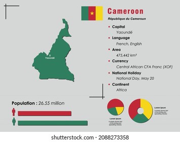 Cameroon infographic vector illustration complemented with accurate statistical data. Cameroon country information map board and Cameroon flat flag