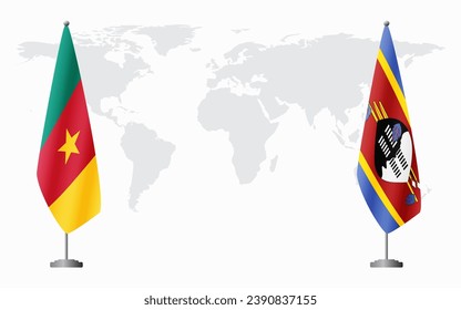 Cameroon and Kingdom of eSwatini - Swaziland flags for official meeting against background of world map.