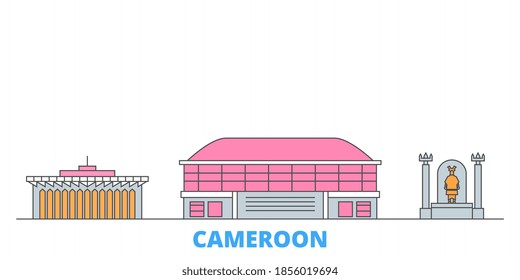 Paisaje urbano en línea de Camerún, vector plano. Punto de referencia de la ciudad de viajes, ilustración de oultine, íconos del mundo de la línea