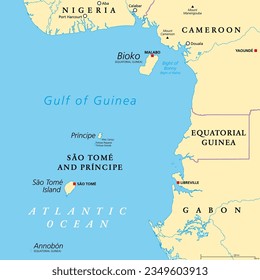 Línea de Camerún, cadena de islas volcánicas frente a la costa de África Occidental, mapa político. Larga cadena de volcanes, incluyendo islas en el Golfo de Guinea (Océano Atlántico) y montañas en el continente africano.