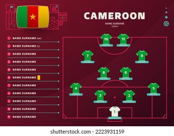 cameroon line-up world Football 2022 qatar, cup tournament final stage vector illustration. Country team lineup table and Team Formation on Football Field. soccer tournament Vector country flags.