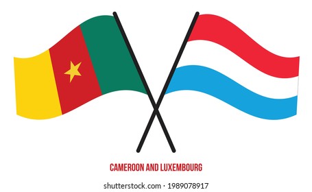 Banderas de Camerún y Luxemburgo Cruzadas y ondeadas de estilo plano. Proporción oficial. Colores correctos.
