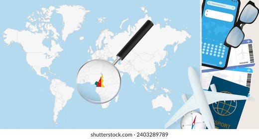 Cameroon is magnified over a World Map, illustration with airplane, passport, boarding pass, compass and eyeglasses. Vector illustration.