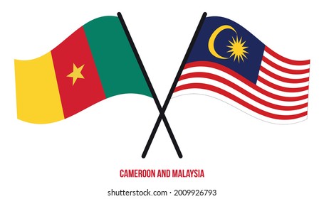 Cameroon and Malaysia Flags Crossed And Waving Flat Style. Official Proportion. Correct Colors.