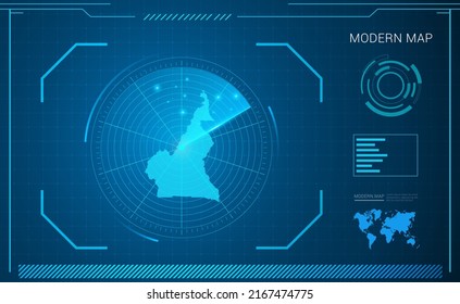 Cameroon map of blue digital frame technology radar vector HUD, GUI, UI interface.