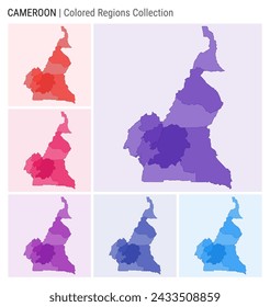 Colección de mapas de Camerún. Forma de país con regiones de color. Paletas de colores Deep Purple, Red, Pink, Purple, Indigo, Blue. Frontera de Camerún con las provincias para su infografía. Ilustración vectorial.