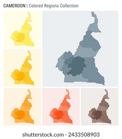 Cameroon map collection. Country shape with colored regions. Blue Grey, Yellow, Amber, Orange, Deep Orange, Brown color palettes. Border of Cameroon with provinces for your infographic.