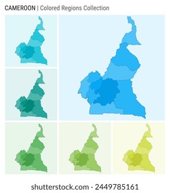 Colección del mapa de Camerún. Forma de Country con regiones de color. Paletas de colores azul claro, cian, verde azulado, verde claro, verde lima. Frontera de Camerún con las provincias para su infografía.