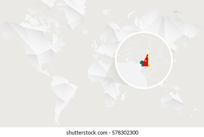 Cameroon map with flag in contour on white polygonal World Map. Vector Illustration.