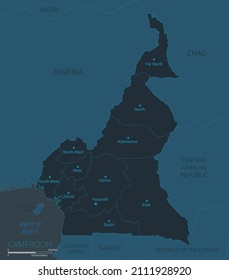 Mapa de Camerún. Mapa detallado de Camerún con países, fronteras, ciudades, objetos de agua. Ilustración vectorial eps10